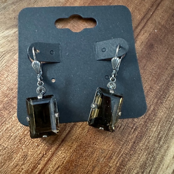 Root Beer Brown and clear stone Lever Back Earrings - pewter tone - Picture 3 of 3